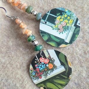 Cottagecore Vintage Tin Earrings Dangle 3 3/4”, Sustainable Handmade Gifts